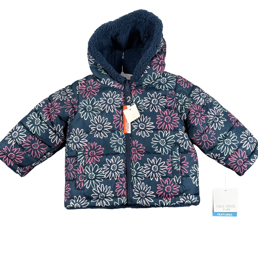 NEW Falls Creek Girls Kids 18M Reversible Jacket Navy Floral Sherpa Puffer Coat